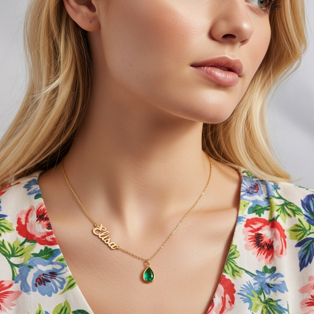 BIRTHSTONE AND NAME NECKLACE