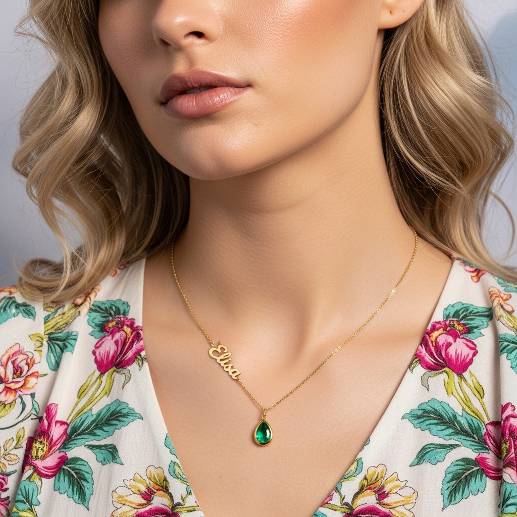 BIRTHSTONE AND NAME NECKLACE