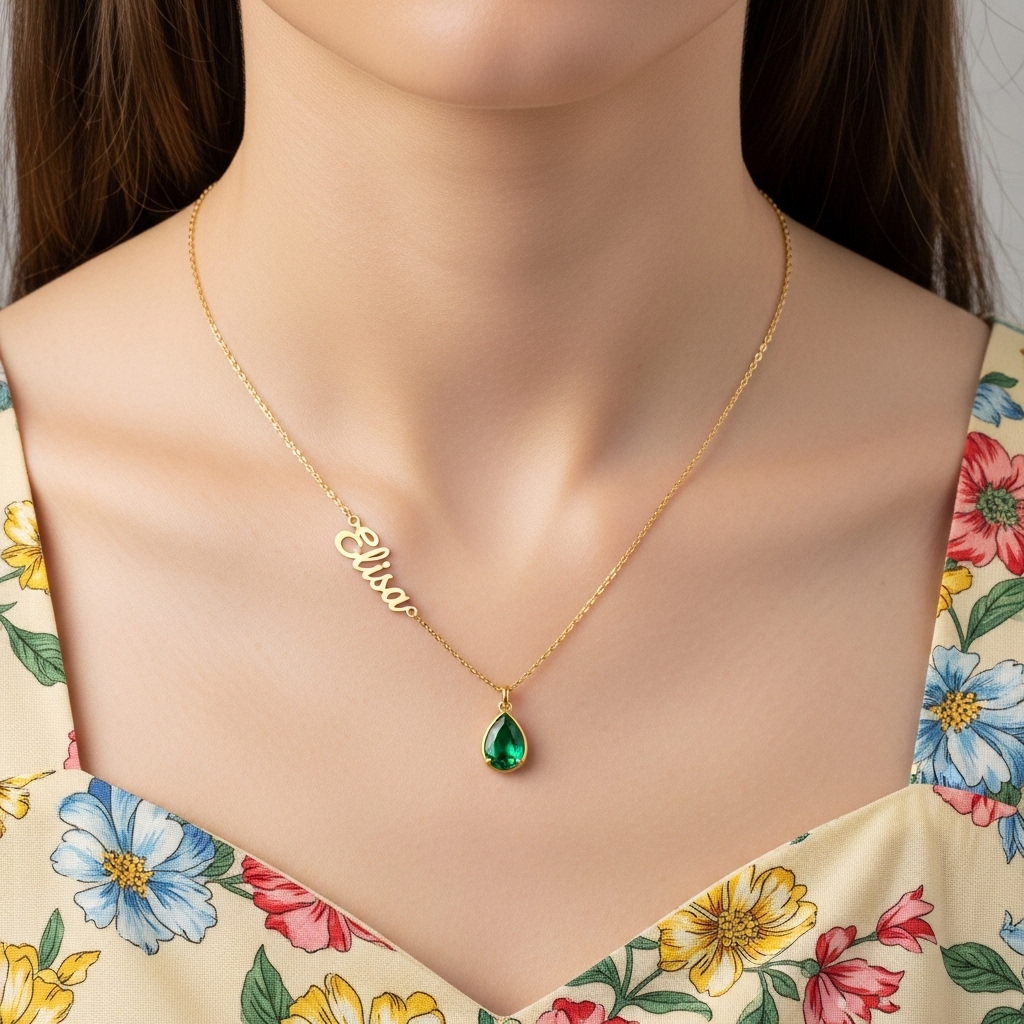 BIRTHSTONE AND NAME NECKLACE