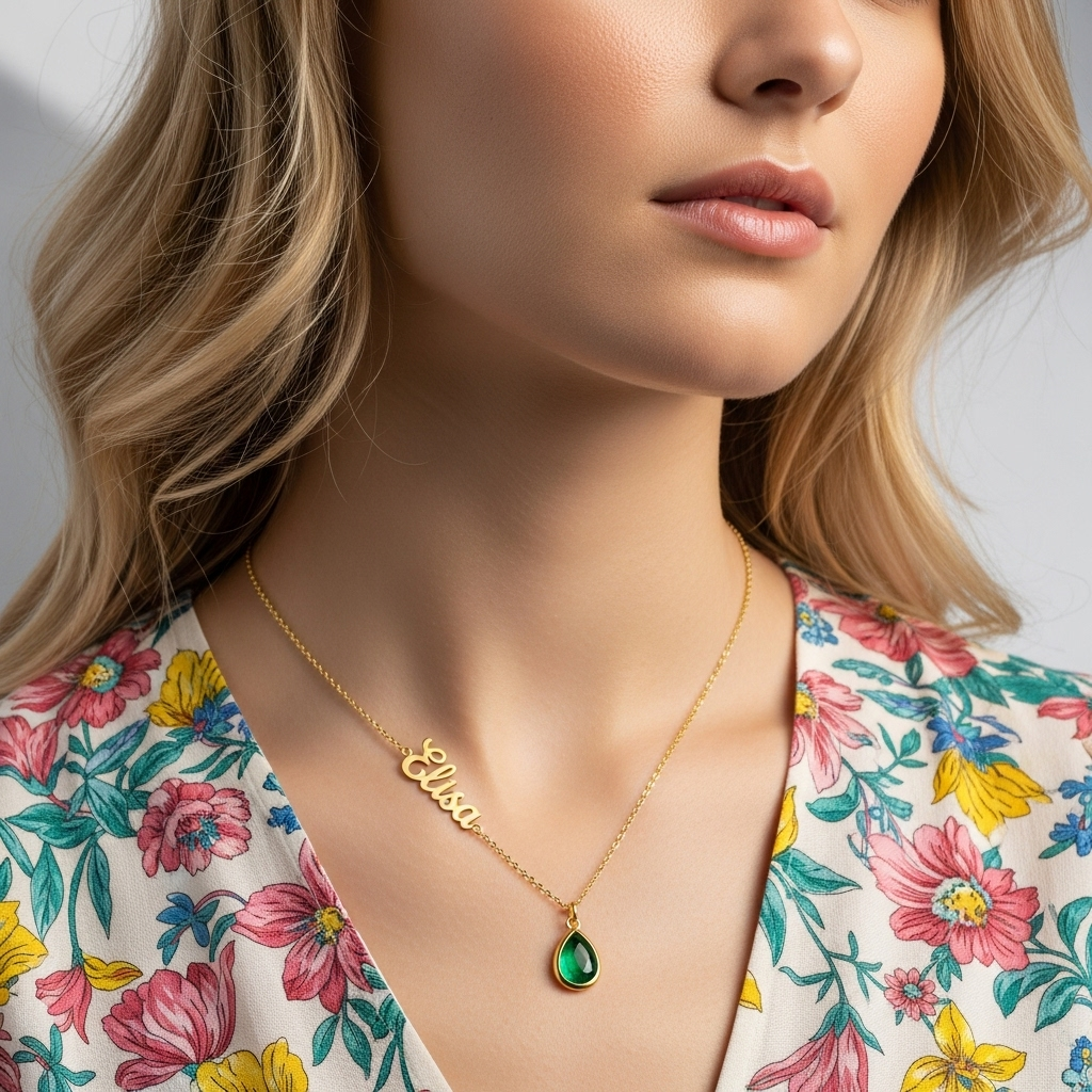 BIRTHSTONE AND NAME NECKLACE